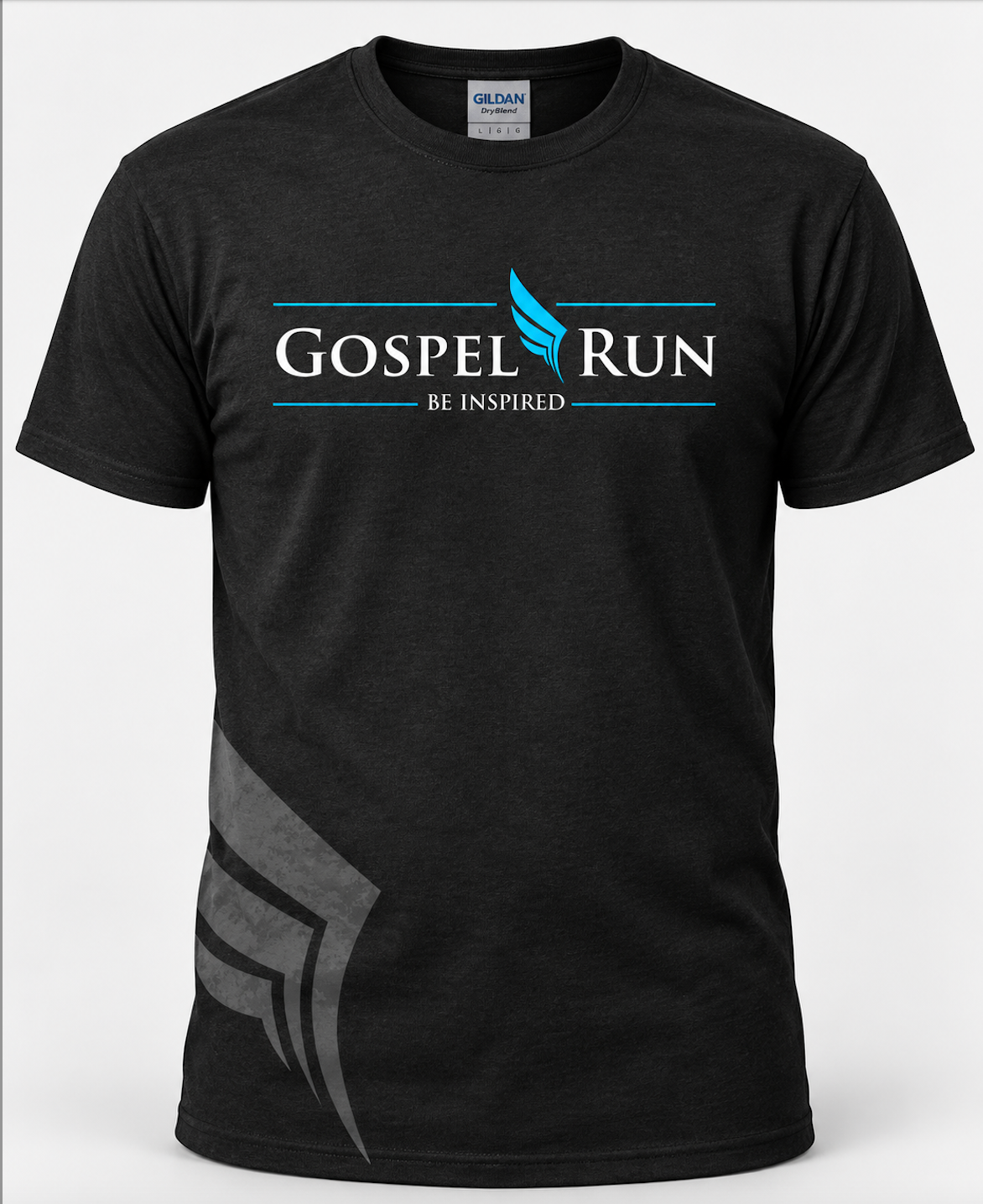 Black Gospel Run 2020 Gildan DryBlend T-shirt with white and turquoise chest design and gray side-wing graphic