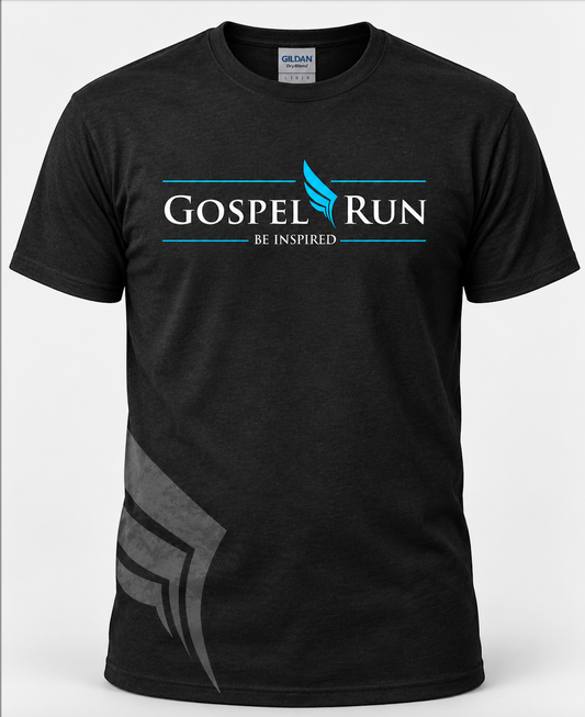 Black Gospel Run 2020 Gildan DryBlend T-shirt with white and turquoise chest design and gray side-wing graphic