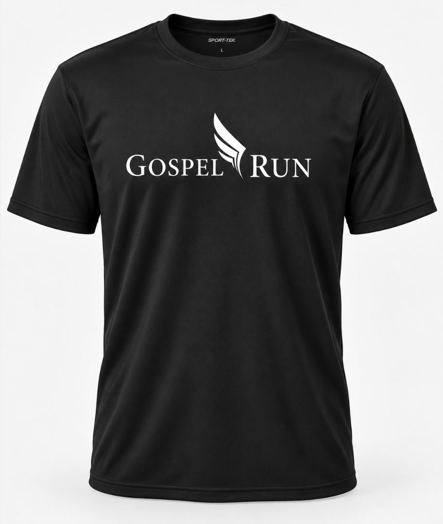 Black Sport-Tek tee with white Gospel Run name and wing logo