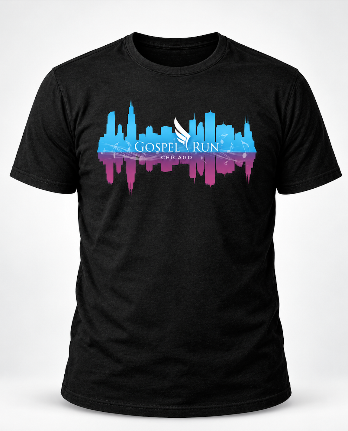 Black Hanes ComfortSoft Gospel Run Chicago tee with blue skyline, purple mirrored skyline, and white wing logo