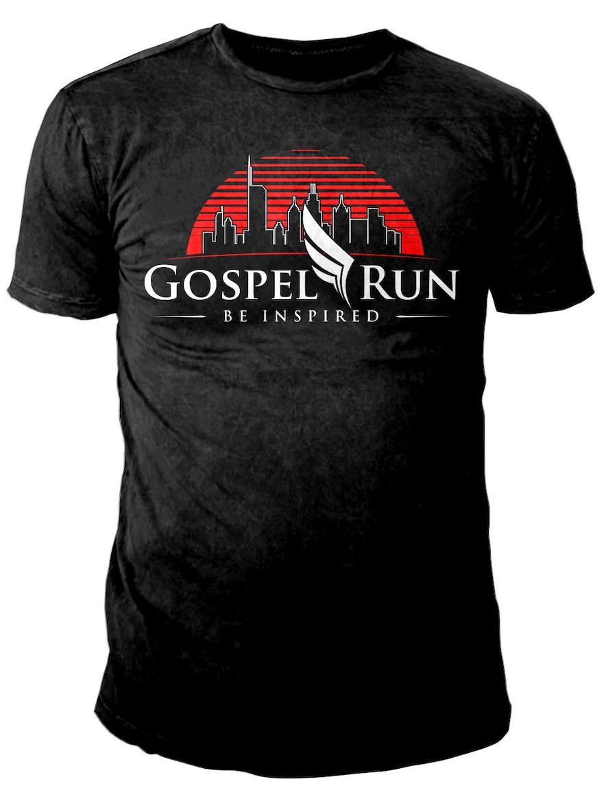 Black Gildan DryBlend Gospel Run tee with red striped sunset, city skyline, white wing logo, and Be Inspired lettering