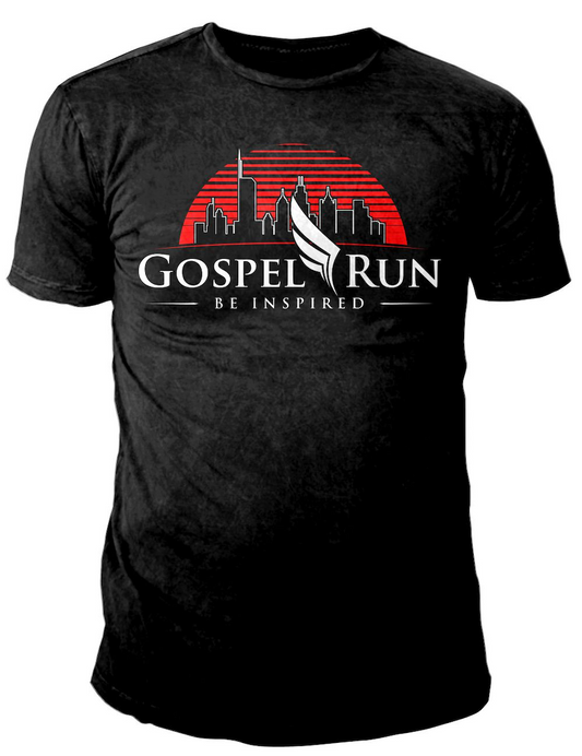 Black Gildan DryBlend Gospel Run tee with red striped sunset, city skyline, white wing logo, and Be Inspired lettering