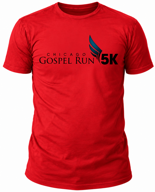 Red Gildan DryBlend tee with Chicago Gospel Run 5K chest lettering and dark wing logo