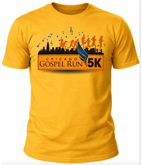 Gold Gildan DryBlend Chicago Gospel Run 5K tee with Chicago skyline, runners, and musical notes