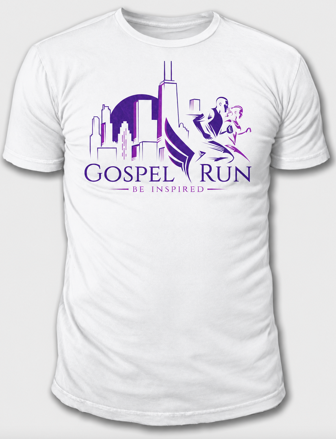 White Gospel Run Be Inspired T-shirt with purple Chicago skyline and runners graphic